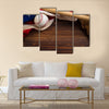 An old, antique American flag with vintage baseball equipment on a wooden bench Multi Panel Canvas Art