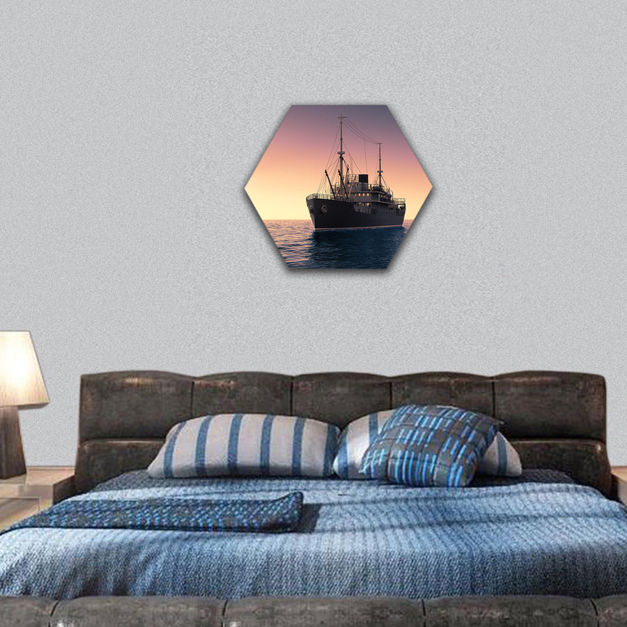 Cargo Ship Against The Evening Sky hexagonal canvas wall art