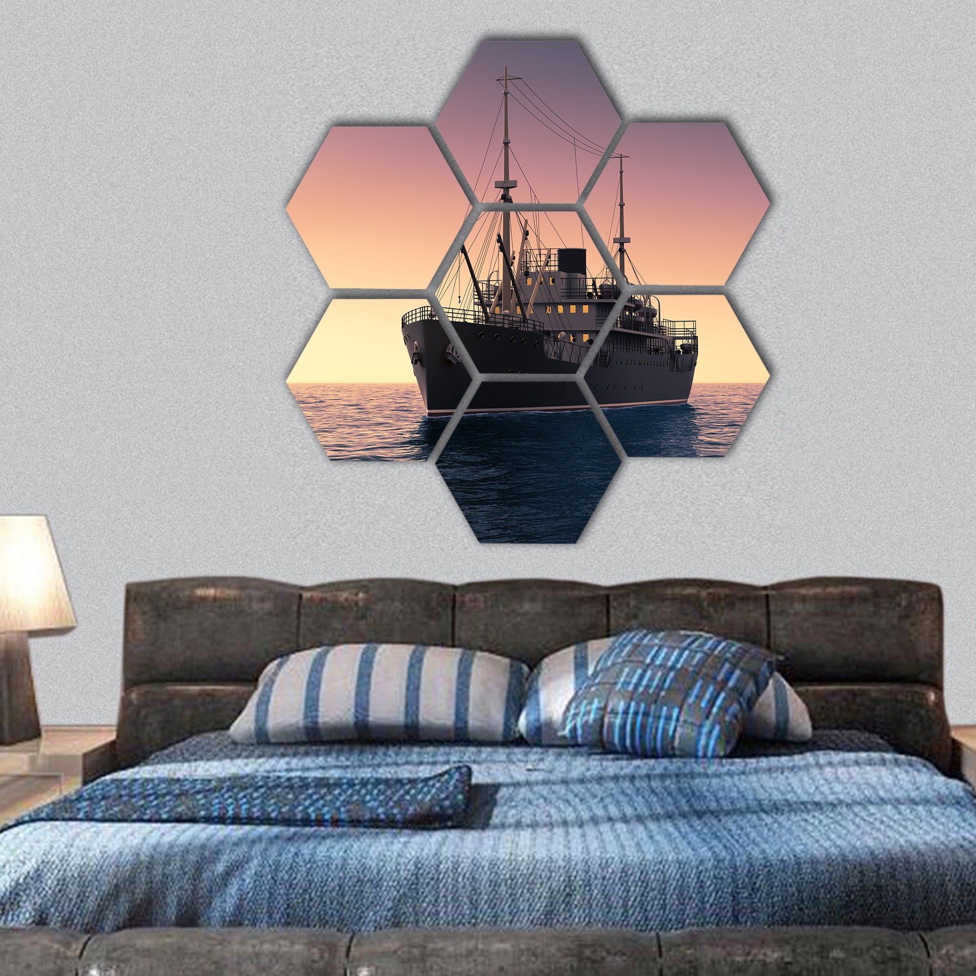 Cargo Ship Against The Evening Sky hexagonal canvas wall art