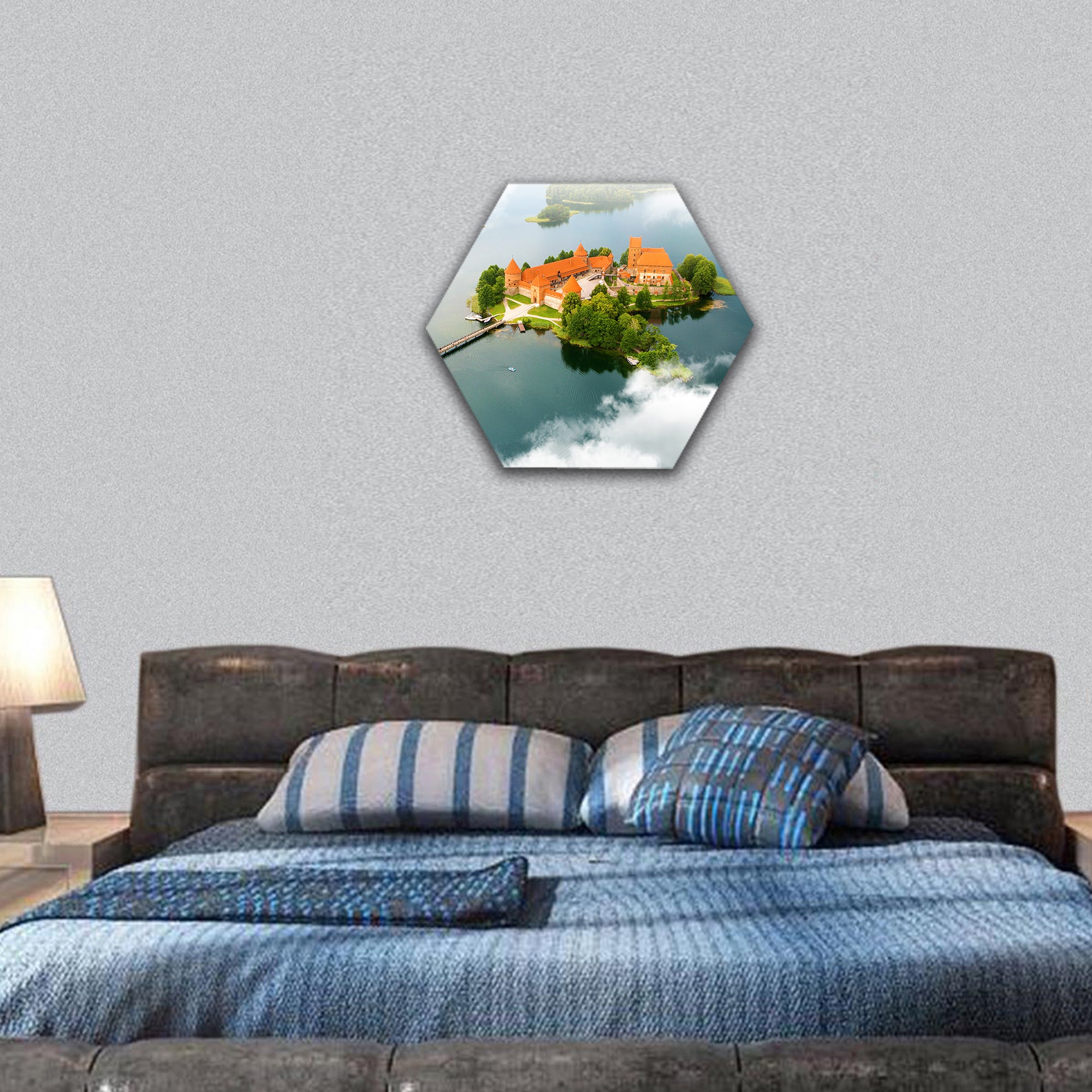 Aerial view of old castle. Trakai, Lithuania hexagonal canvas wall art