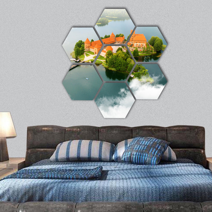 Aerial view of old castle. Trakai, Lithuania hexagonal canvas wall art
