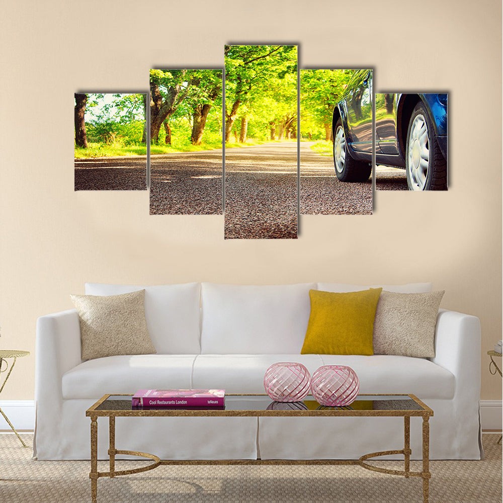 Car on asphalt road on summer day at park Multi panel canvas wall art