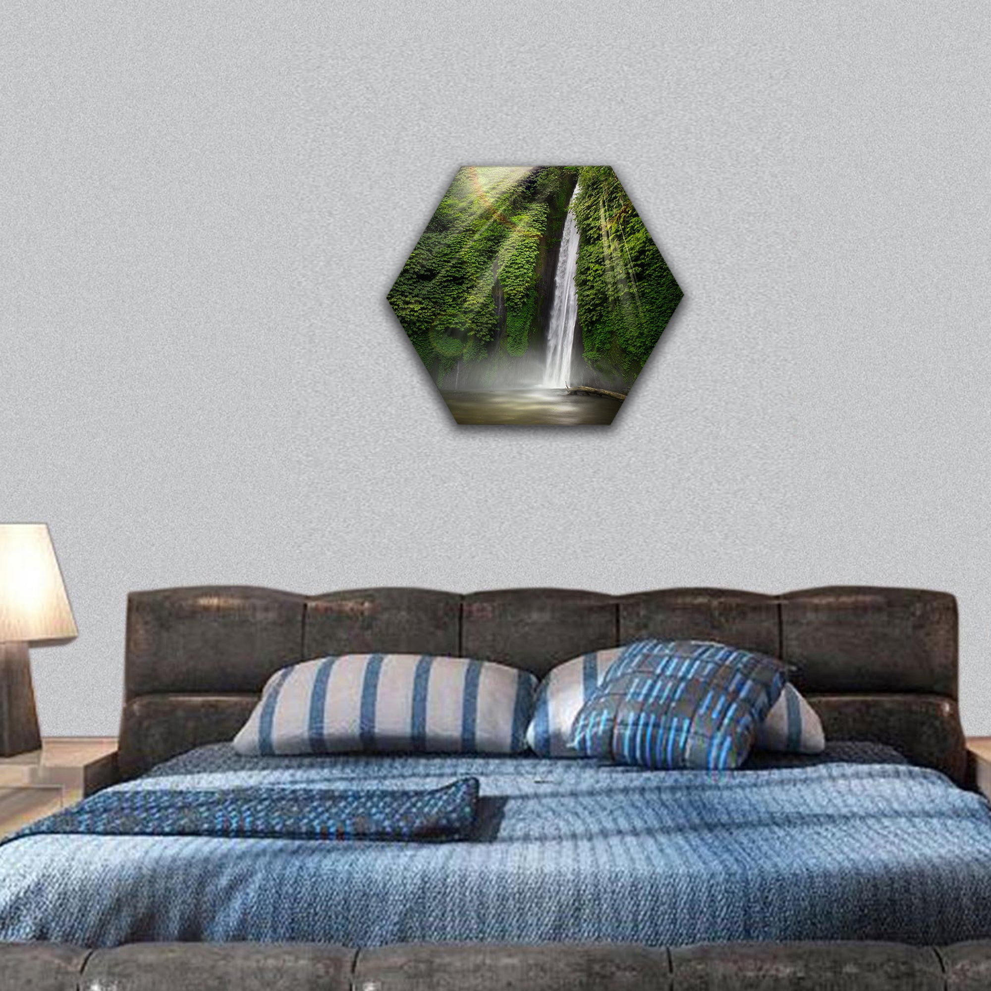 Waterfall in the tropical forest,  Munduk hexagonal canvas wall art
