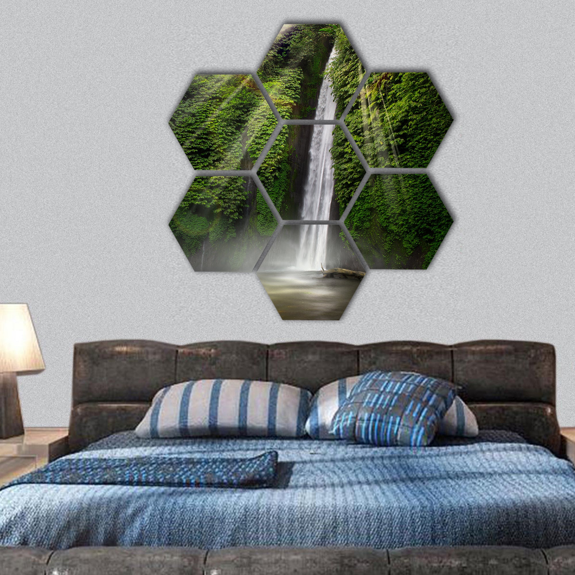 Waterfall in the tropical forest,  Munduk hexagonal canvas wall art