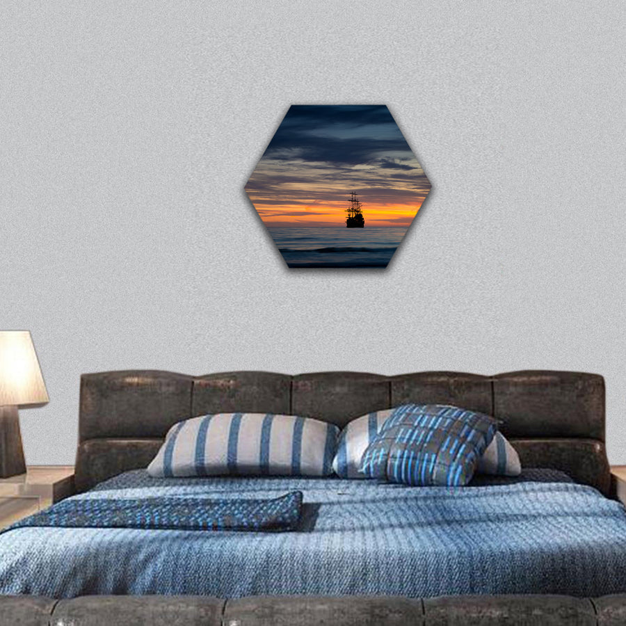 Pirate ship in sunset scenery hexagonal canvas wall art