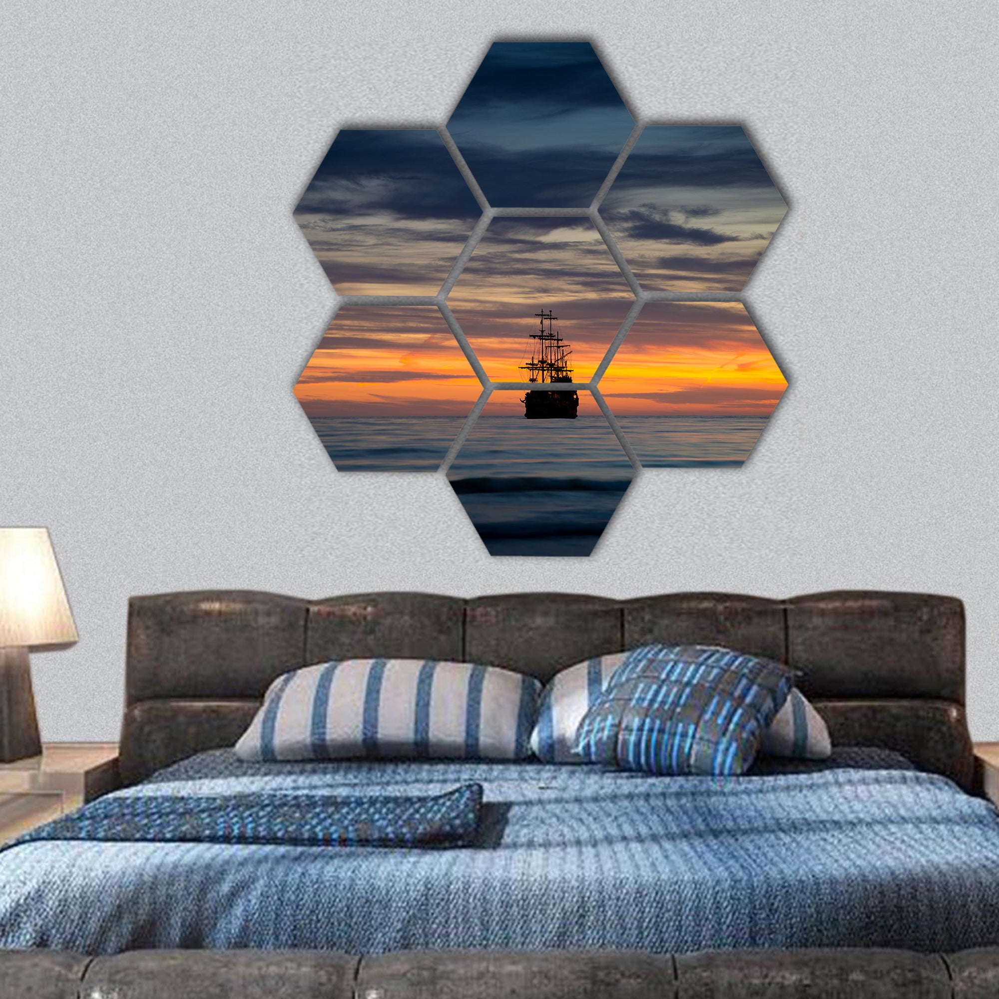 Pirate ship in sunset scenery hexagonal canvas wall art