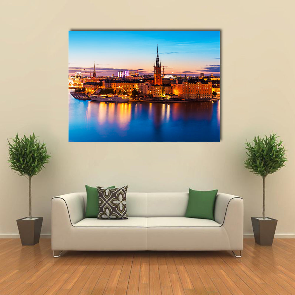 Scenic summer night panorama of the Old Town Gamla Stan architecture pier in Stockholm, Sweden Multi Panel Canvas Wall Art