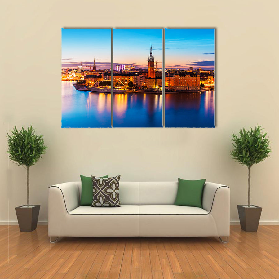 Scenic summer night panorama of the Old Town Gamla Stan architecture pier in Stockholm, Sweden Multi Panel Canvas Wall Art