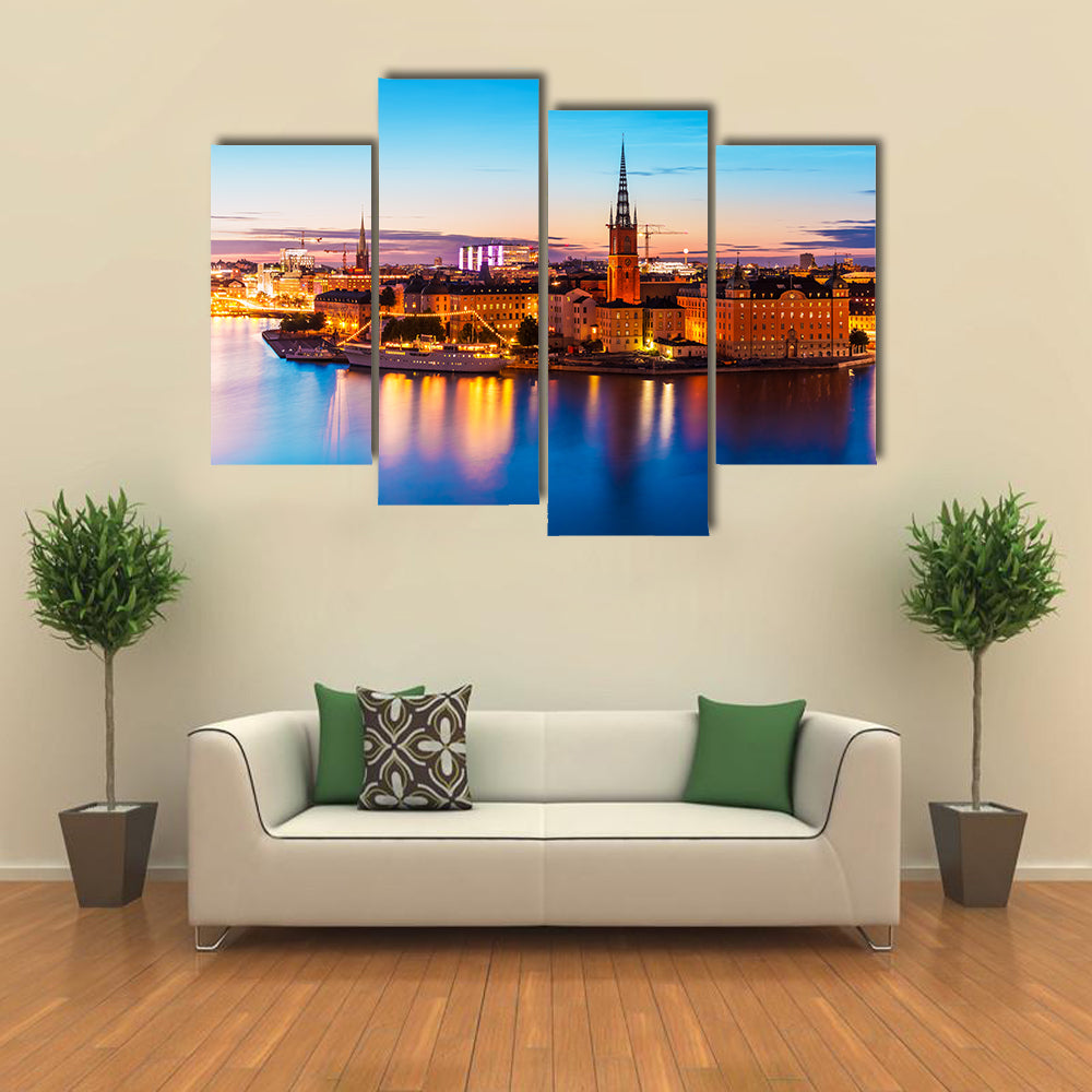 Scenic summer night panorama of the Old Town Gamla Stan architecture pier in Stockholm, Sweden Multi Panel Canvas Wall Art