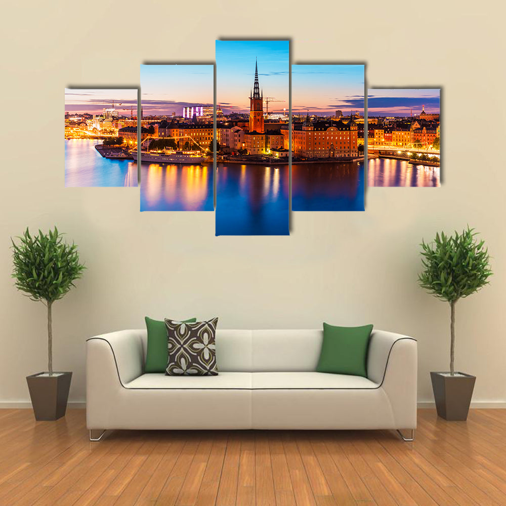 Scenic summer night panorama of the Old Town Gamla Stan architecture pier in Stockholm, Sweden Multi Panel Canvas Wall Art