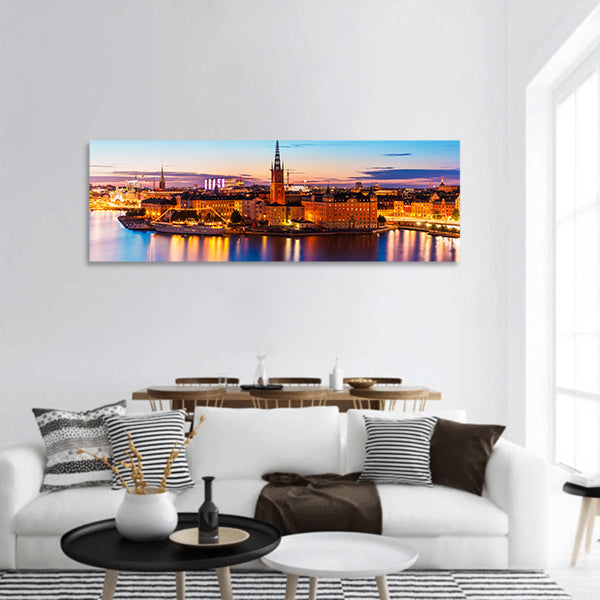 Old Town Gamla Stan architecture pier in Stockholm, Panoramic Canvas Wall Art