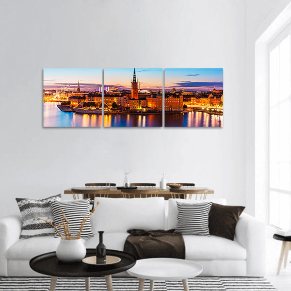 Old Town Gamla Stan architecture pier in Stockholm, Panoramic Canvas Wall Art