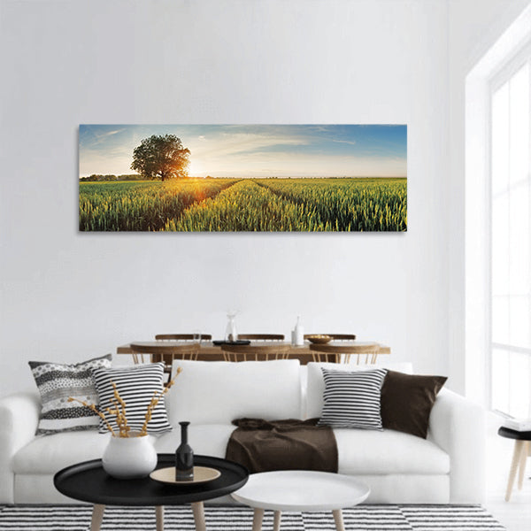Wheat field at sunset panoramic canvas wall art