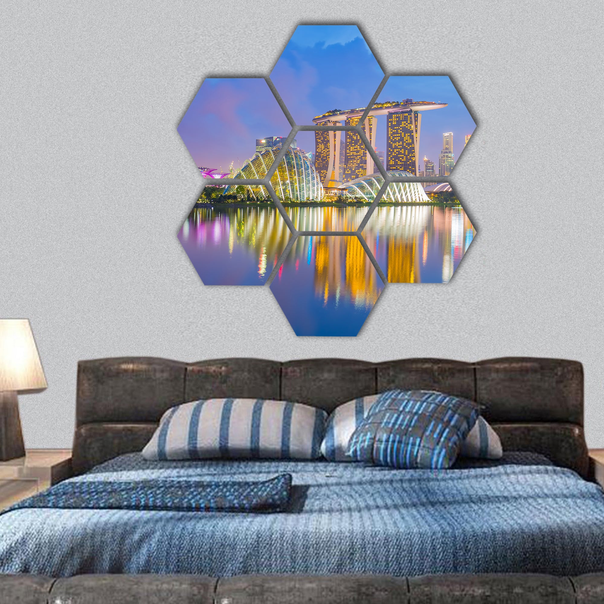 Singapore cityscapes at twilight hexagonal canvas wall art