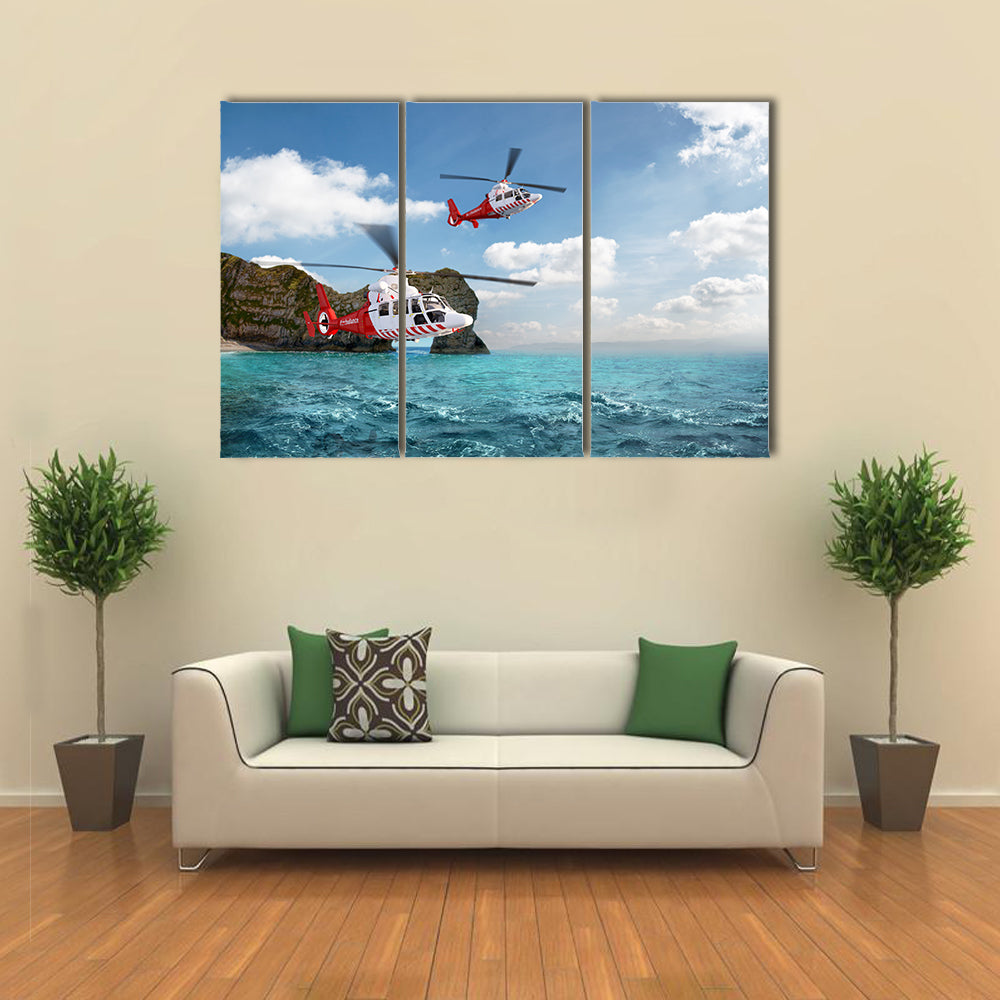 Two Red Rescue Helicopters Flying Over A Red Sky Multi Panel Canvas Wall Art