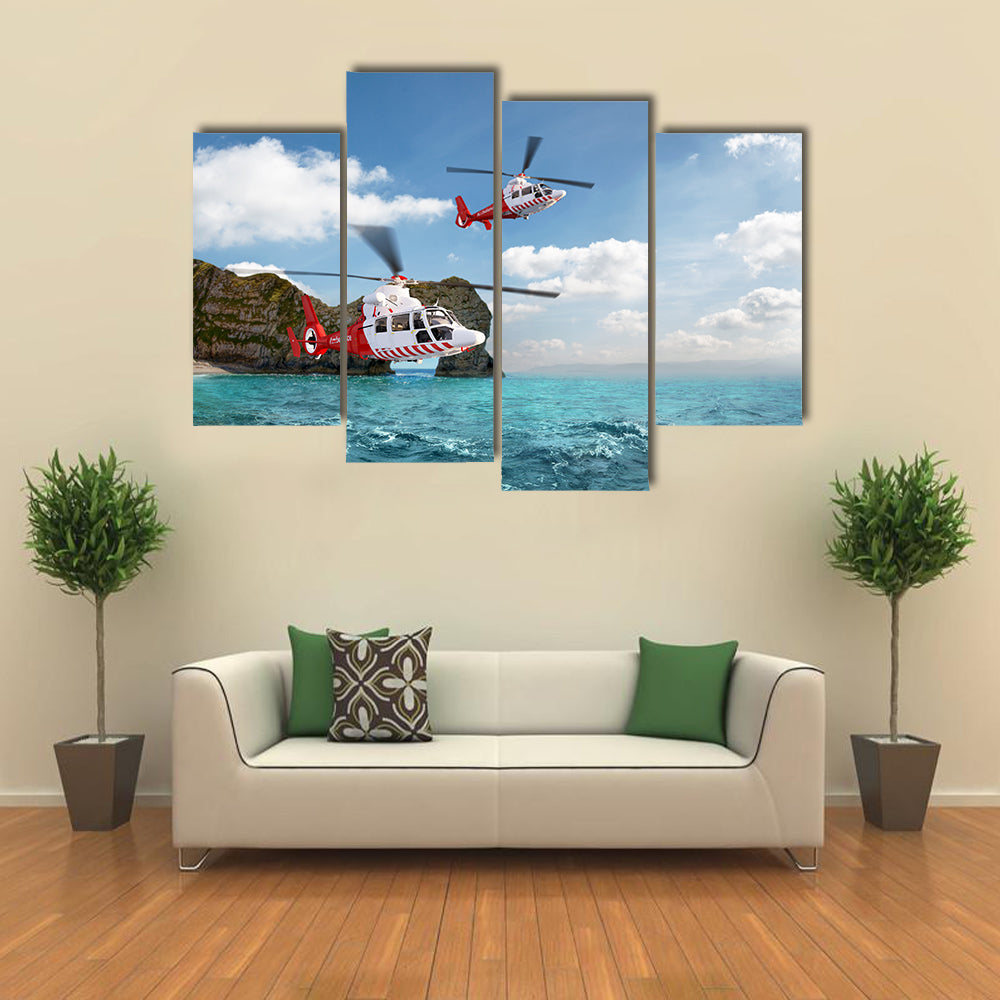 Two Red Rescue Helicopters Flying Over A Red Sky Multi Panel Canvas Wall Art