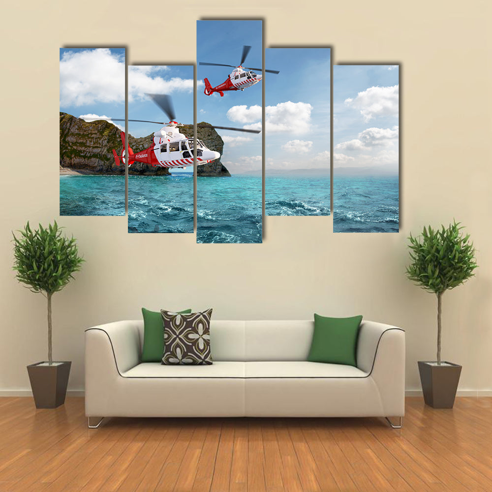 Two Red Rescue Helicopters Flying Over A Red Sky Multi Panel Canvas Wall Art