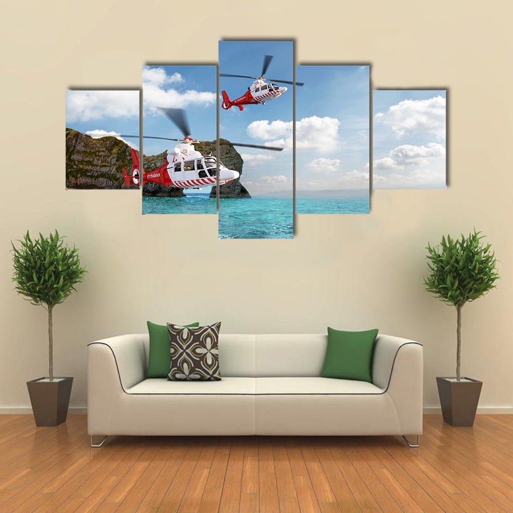 Two Red Rescue Helicopters Flying Over A Red Sky Multi Panel Canvas Wall Art