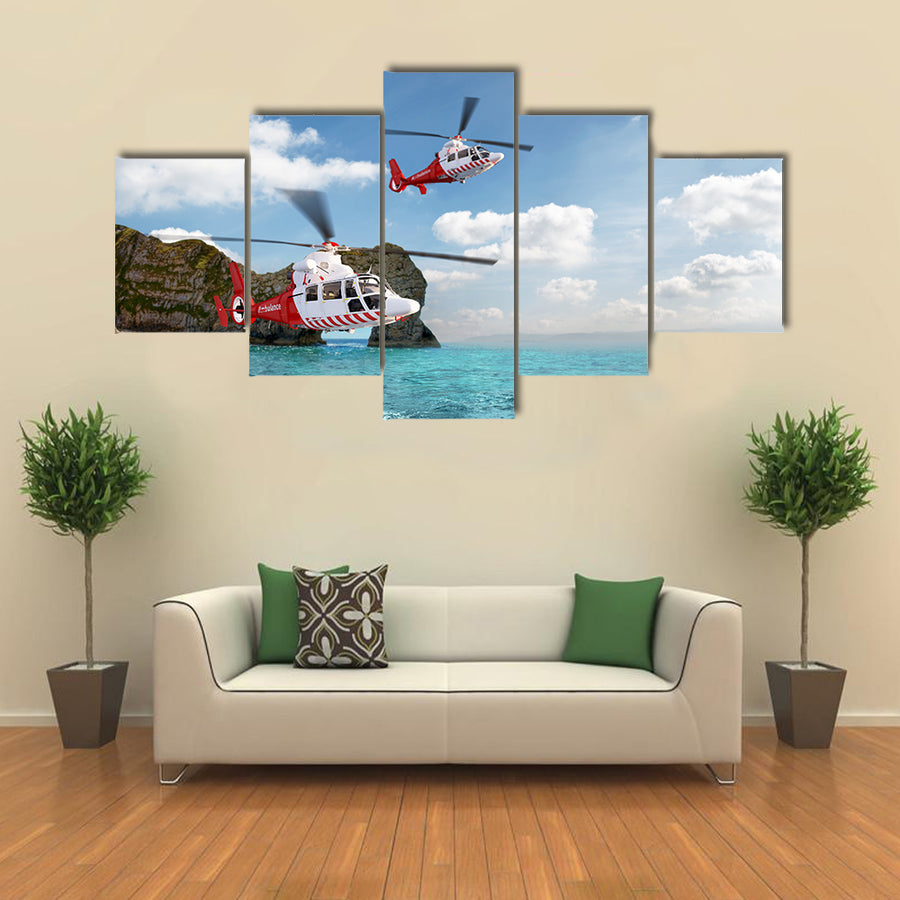 Two Red Rescue Helicopters Flying Over A Red Sky Multi Panel Canvas Wall Art