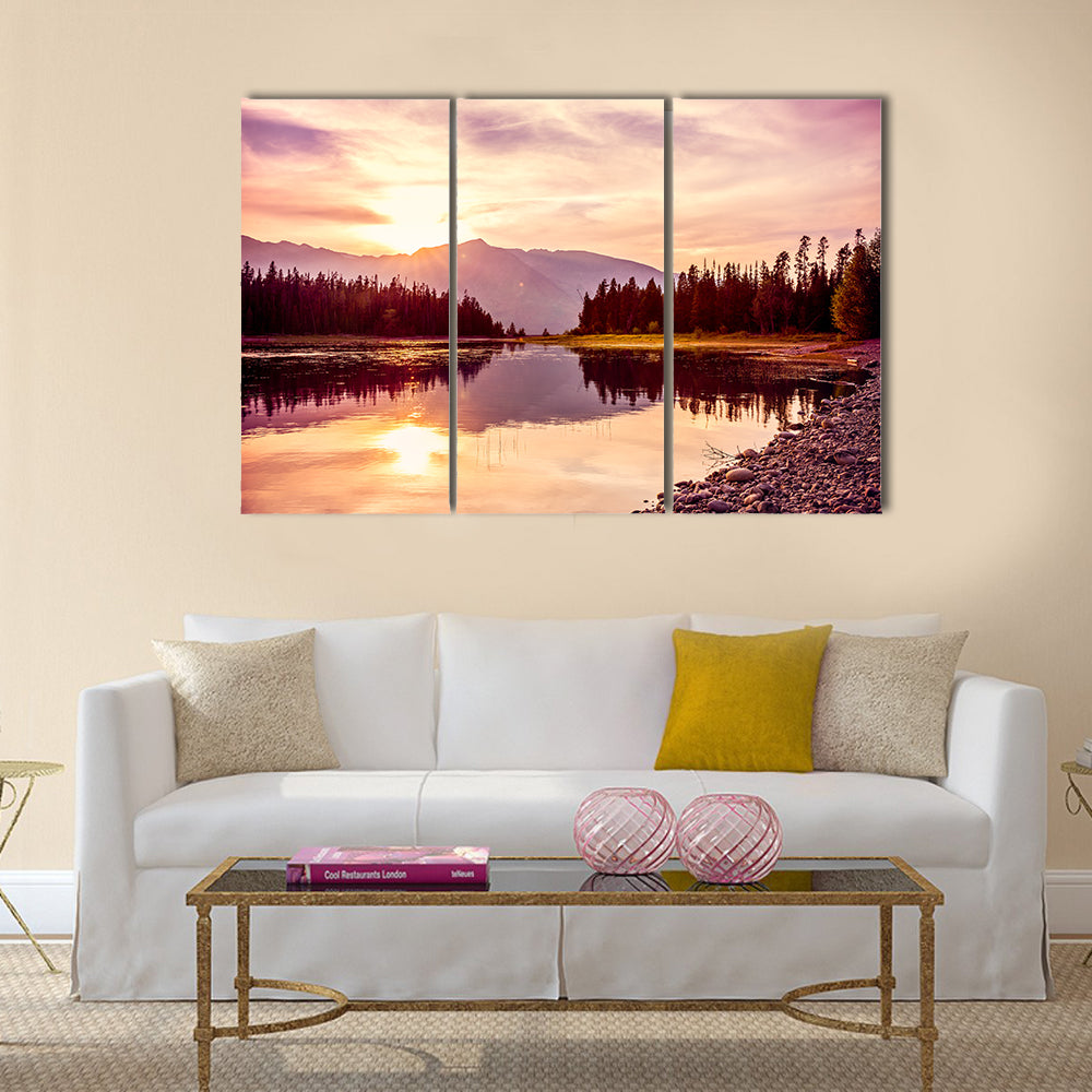 Grand Teton mountain range at sunset, Jackson Lake multi panel canvas wall art