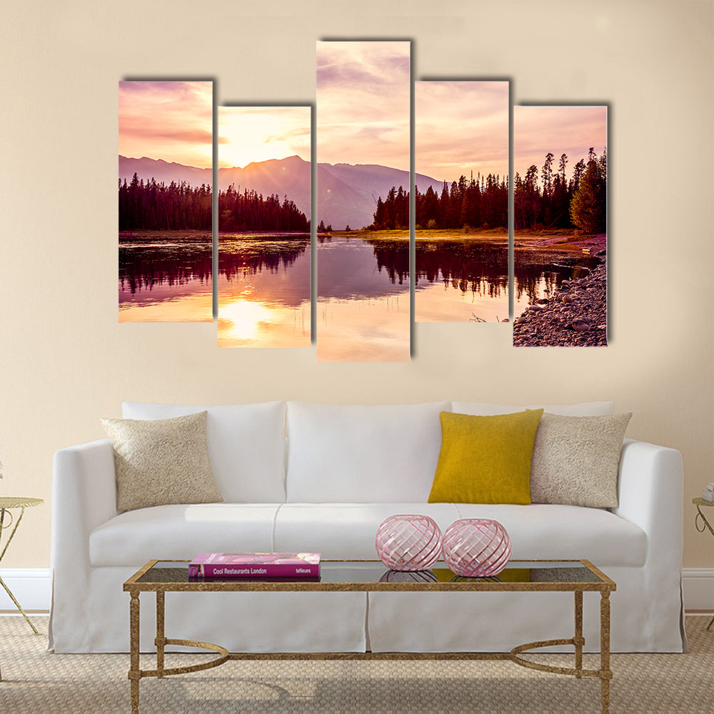 Grand Teton mountain range at sunset, Jackson Lake multi panel canvas wall art