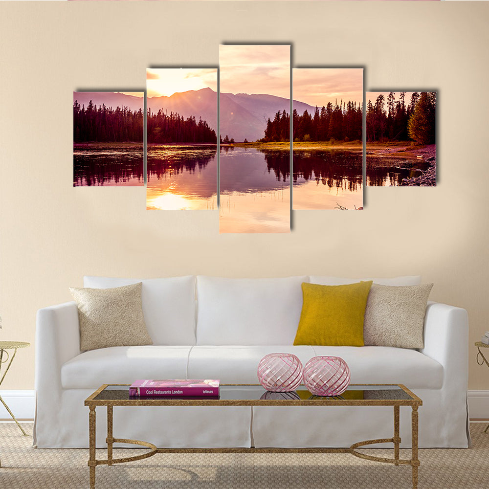 Grand Teton mountain range at sunset, Jackson Lake multi panel canvas wall art
