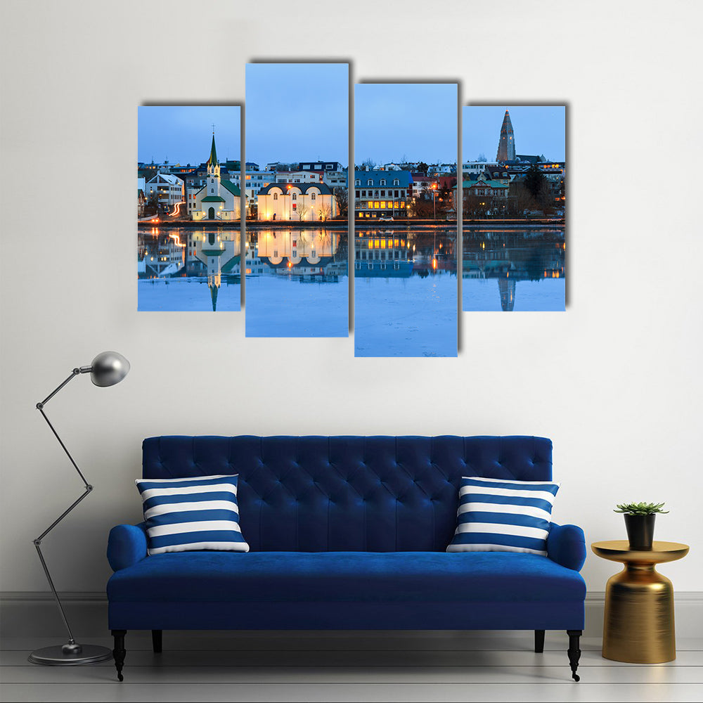 Beautiful reflection of the cityscape in Lake Multi Panel Canvas Wall Art