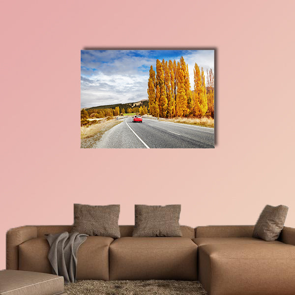 Autumn landscape with road and red car, New Zealand Multi panel canvas wall art