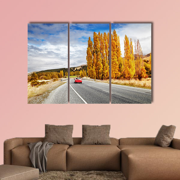 Autumn landscape with road and red car, New Zealand Multi panel canvas wall art
