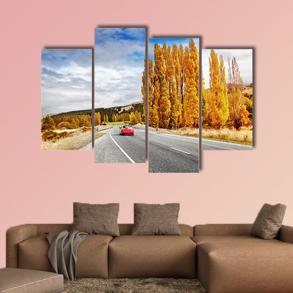 Autumn landscape with road and red car, New Zealand wall art
