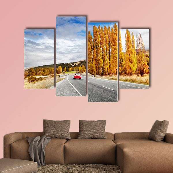 Autumn landscape with road and red car, New Zealand Multi panel canvas wall art