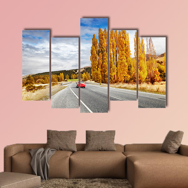 Autumn landscape with road and red car, New Zealand Multi panel canvas wall art