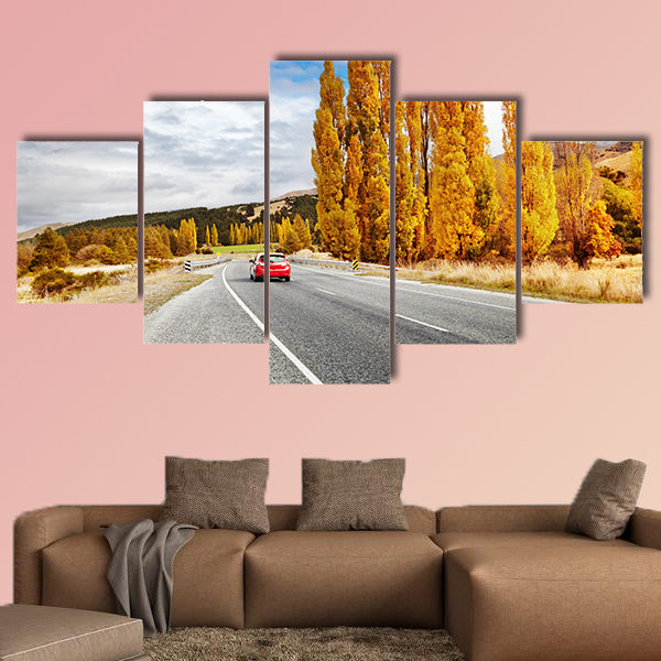 Autumn landscape with road and red car, New Zealand wall art