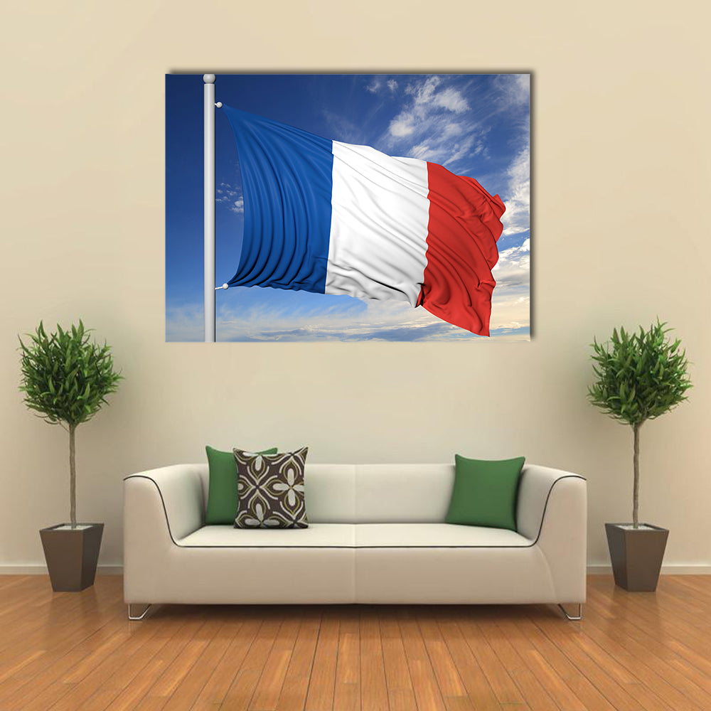Waving Flag Of France On Flagpole Under Blue Sky Multi Panel Canvas Wall Art