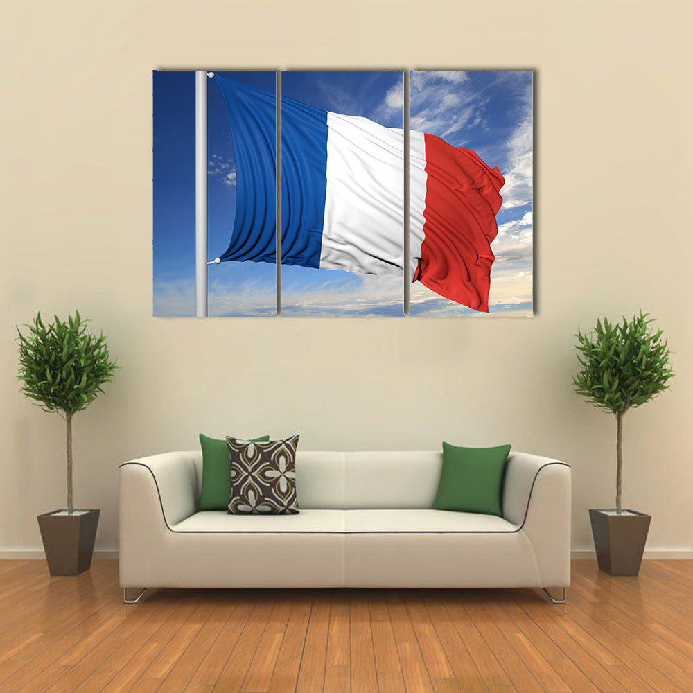 Waving Flag Of France On Flagpole Under Blue Sky Multi Panel Canvas Wall Art