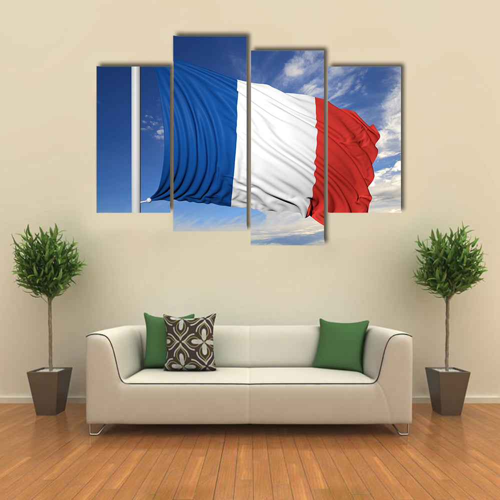 Waving Flag Of France On Flagpole Under Blue Sky Multi Panel Canvas Wall Art
