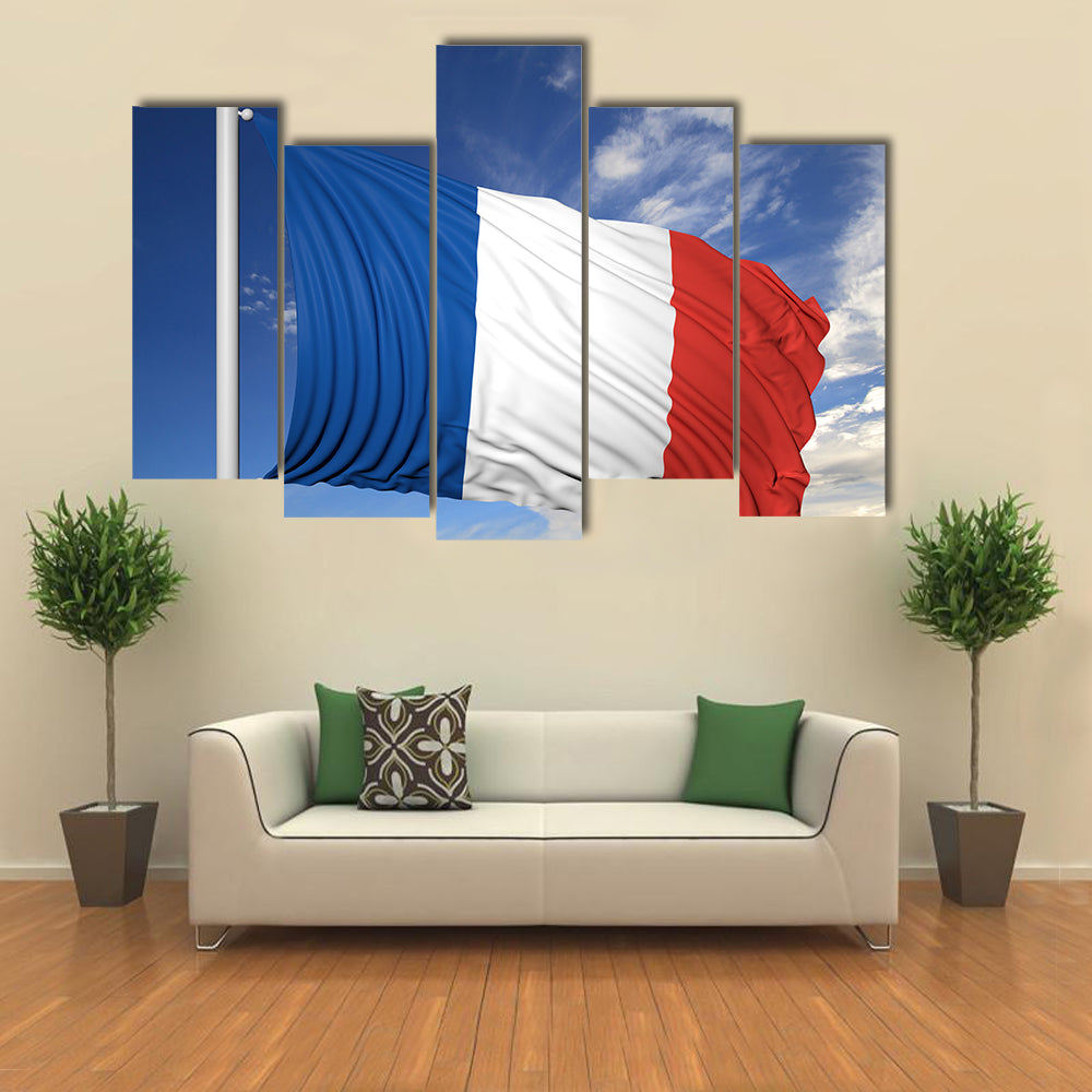 Waving Flag Of France On Flagpole Under Blue Sky Multi Panel Canvas Wall Art