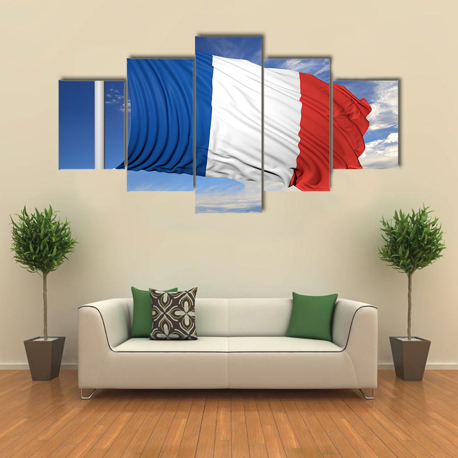 Waving Flag Of France On Flagpole Under Blue Sky Multi Panel Canvas Wall Art