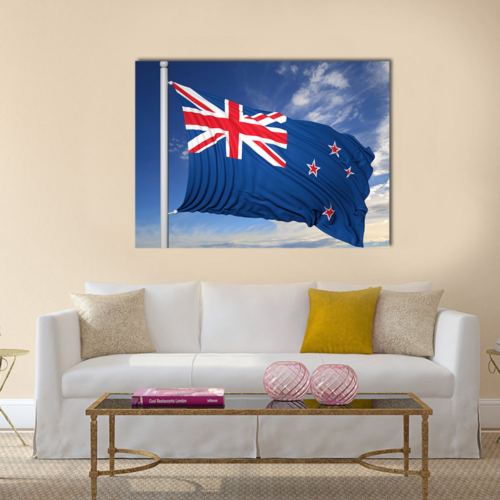 Waving flag of New Zealand on flagpole, on blue sky background Multi panel canvas wall art
