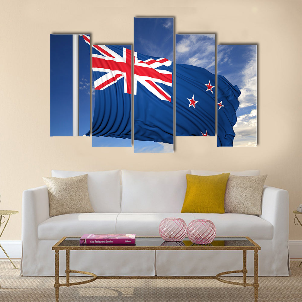 Waving flag of New Zealand on flagpole, on blue sky background Multi panel canvas wall art