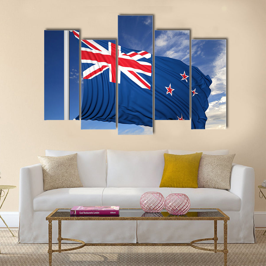 Waving flag of New Zealand on flagpole, on blue sky background Multi panel canvas wall art