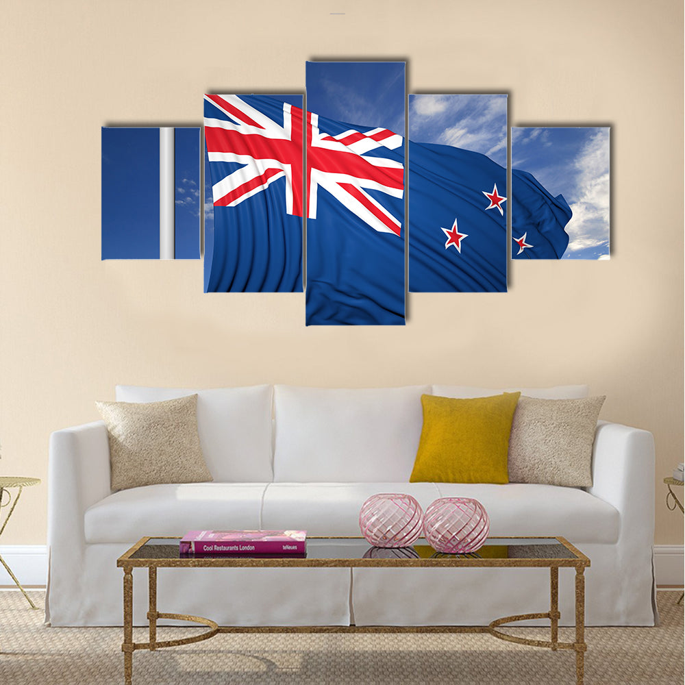 Waving flag of New Zealand on flagpole, on blue sky background Multi panel canvas wall art