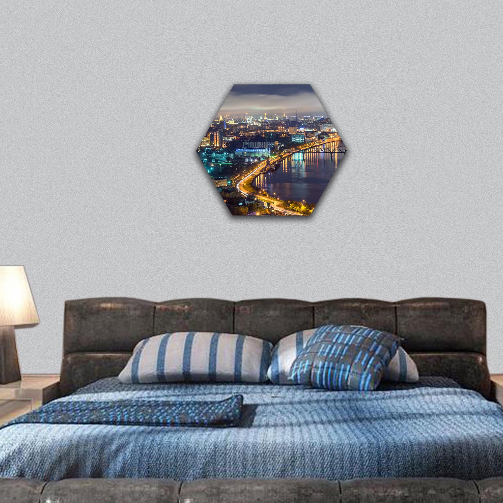 Moscow river in the city at night time. Russia hexagonal canvas wall art