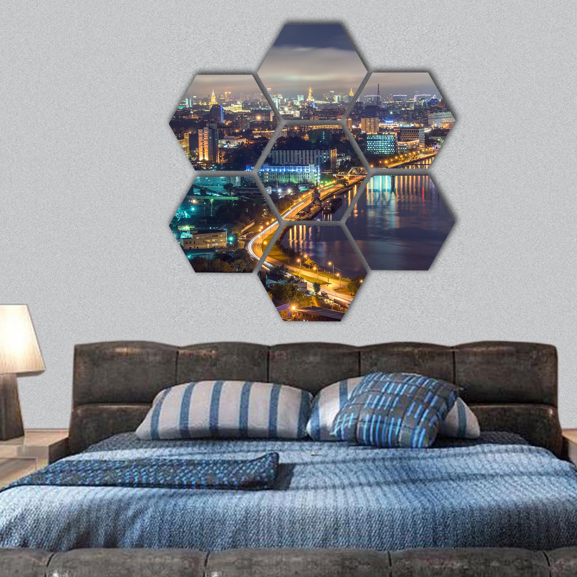 Moscow river in the city at night time. Russia hexagonal canvas wall art