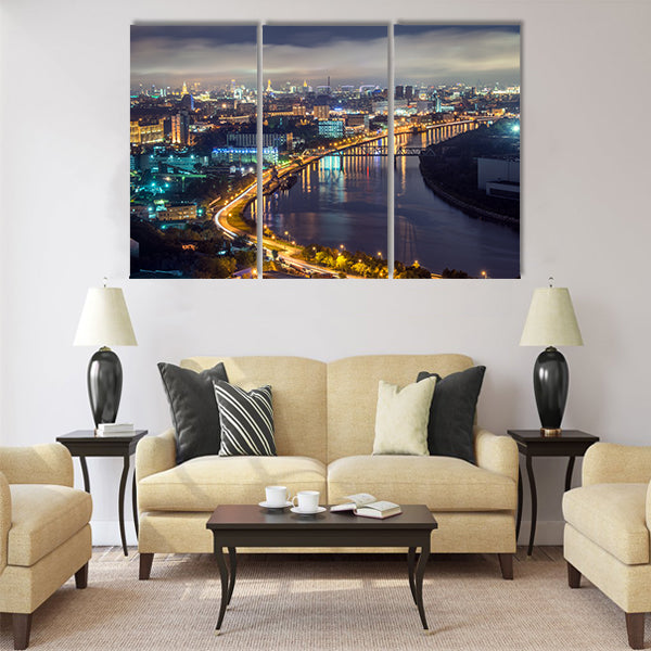 View of Moscow river in the city at nigt time Multi panel canvas wall art