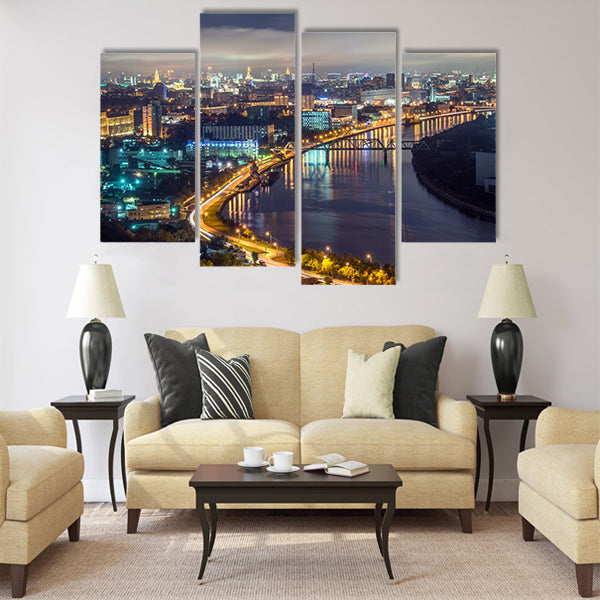 View of Moscow river in the city at nigt time Multi panel canvas wall art