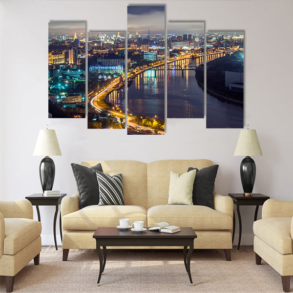 View of Moscow river in the city at nigt time Multi panel canvas wall art