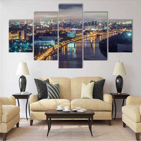 View of Moscow river in the city at nigt time Multi panel canvas wall art