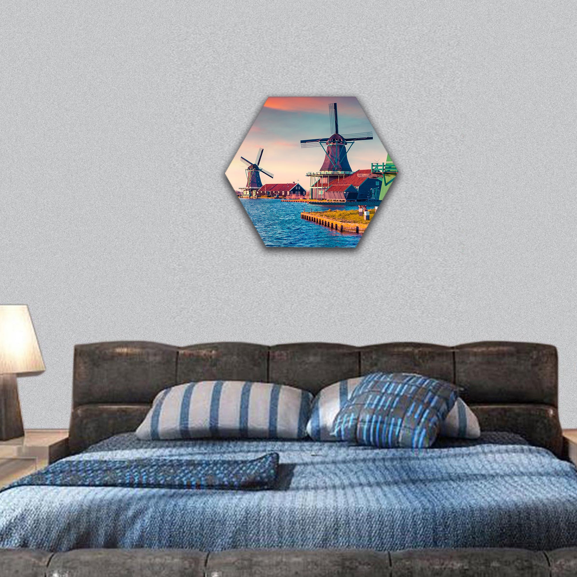 Zaandam mills on the water channel in Zaanstad village hexagonal canvas wall art