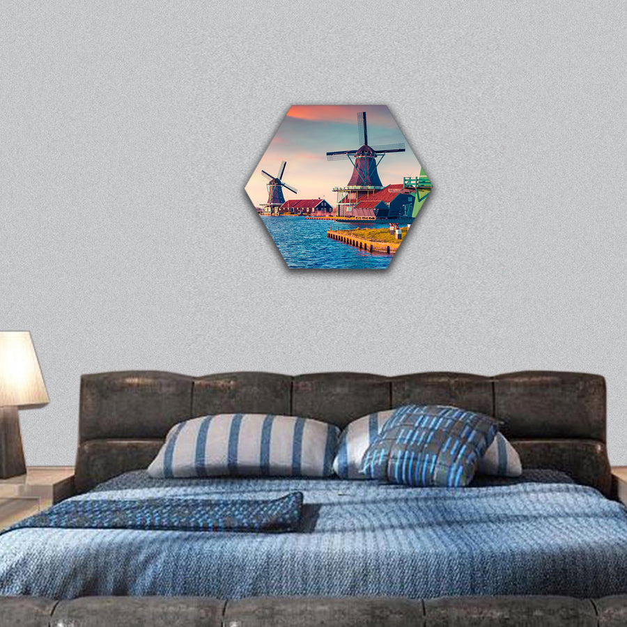Zaandam mills on the water channel in Zaanstad village hexagonal canvas wall art